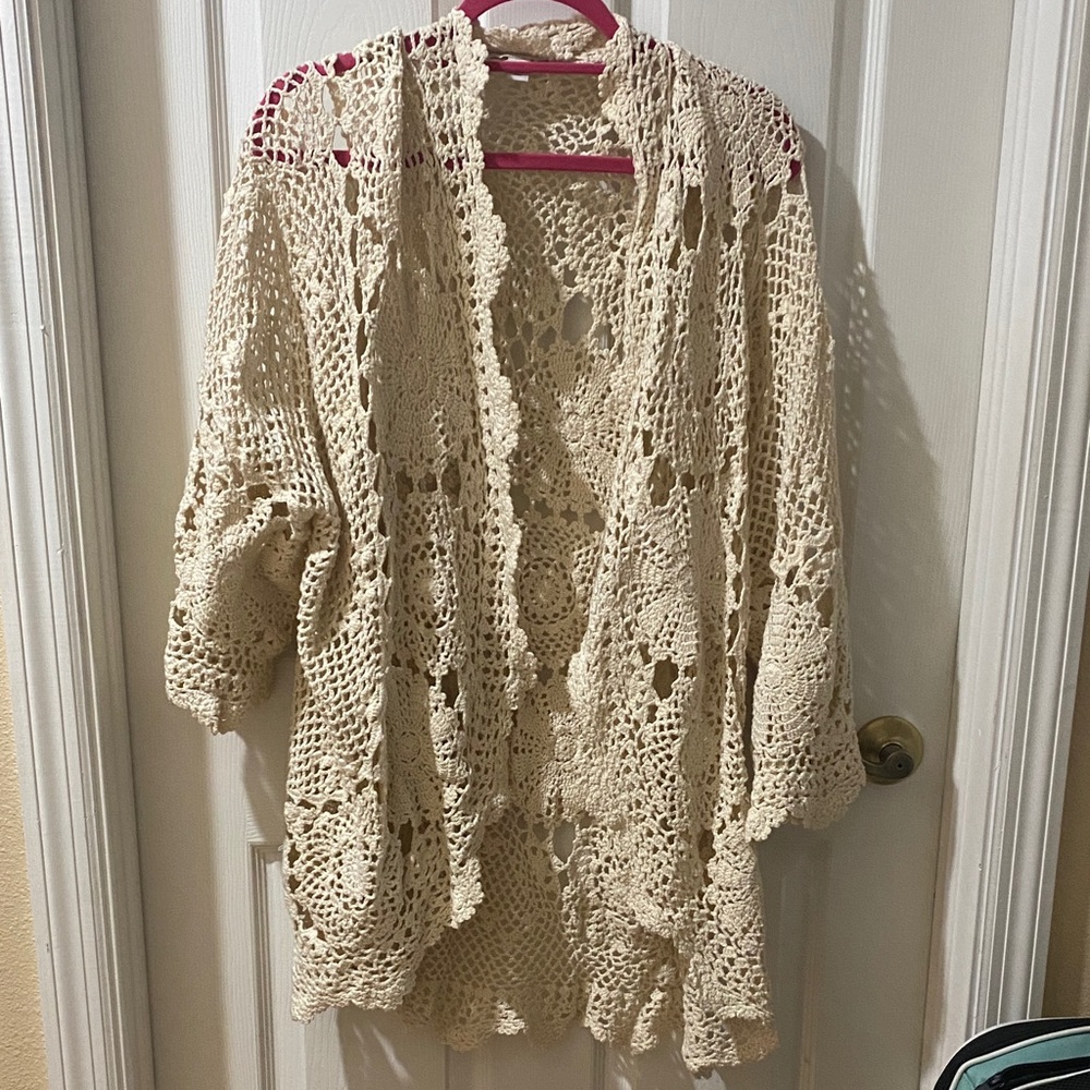 Boston Proper Beige Crochet Cardigan